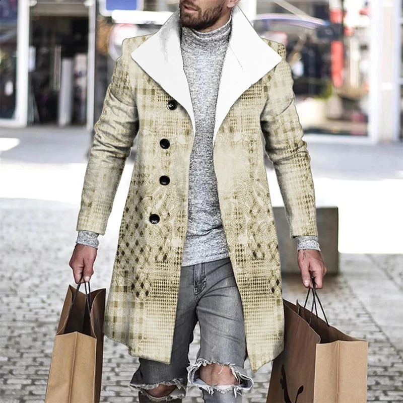 Autumn Winter Retro Print Woolen Coat Men Casual Single Breasted Lapel Long Sleeve Coat Men Fashion Loose Pocket Mid Long Jacket 240731