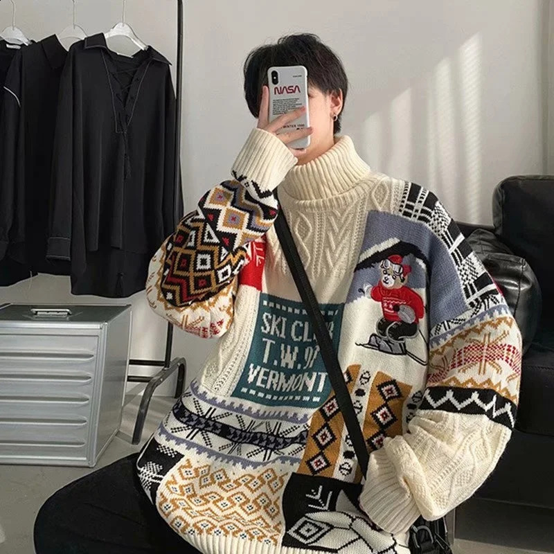 Winter Men Turtleneck Sweaters Christmas ski bear Knitted Pullovers Casual Sweaters Male Knitwear Hip Hop Pullovers 240731