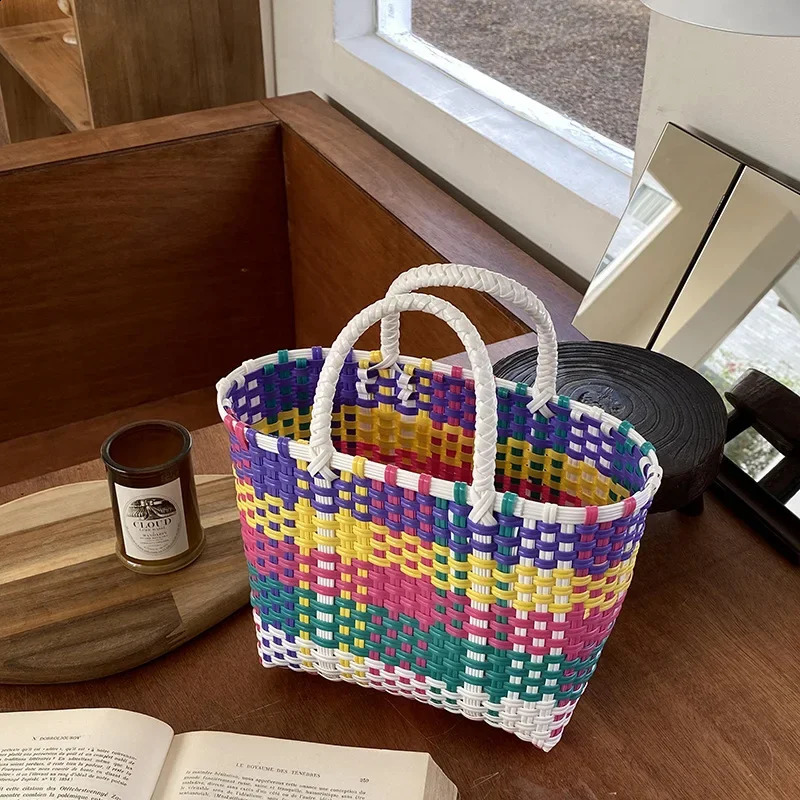 Vegetable Basket Summer Fashion PVC Handbag Hand Woven Bag Patchwork Striped Tote Beach Bags 240802