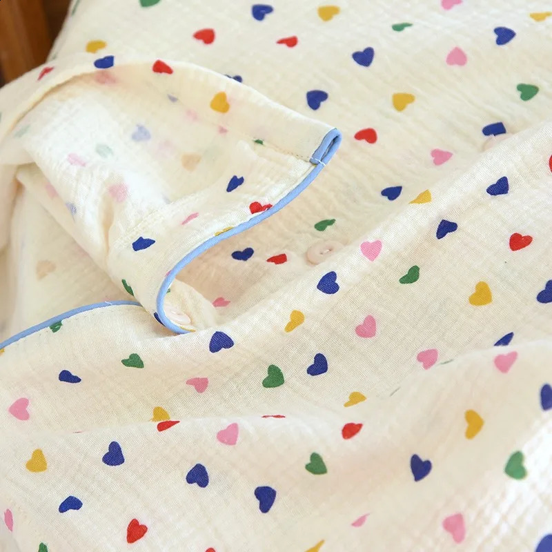 Japanese Spring/Summer Womens Pajama Set 100% Cotton Crepe Long Sleeve Colorful Hearts Thin Home Cute Pajamas Ladies 240731