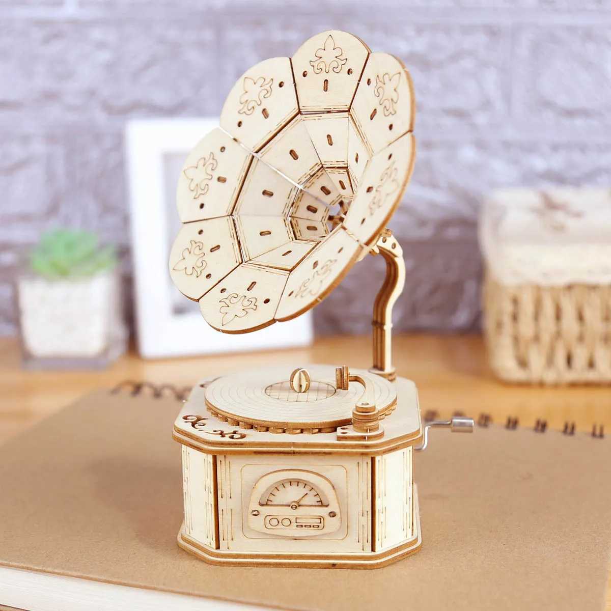 3D Wooden Gramophone Music Box Puzzles Kits for Teen Adults Construction Models Set Toys DIY Assembling Machnical Gift To BuildM240731 - view 6