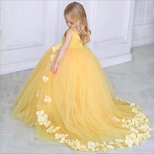 Tulle Yellow Puffy Wer Cute Birthday Shiny Girl Wedding Party Girls Dress First Communion Kids Formal Wear 0218