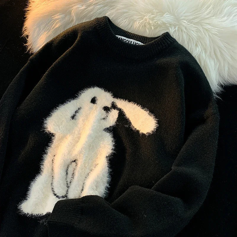 Winter Vintage Rabbit Flocking Sweater Loose Round Neck Long Sleeve Pullover Women Casual Fashion Sweet Sweater Streetwear Tops 240731
