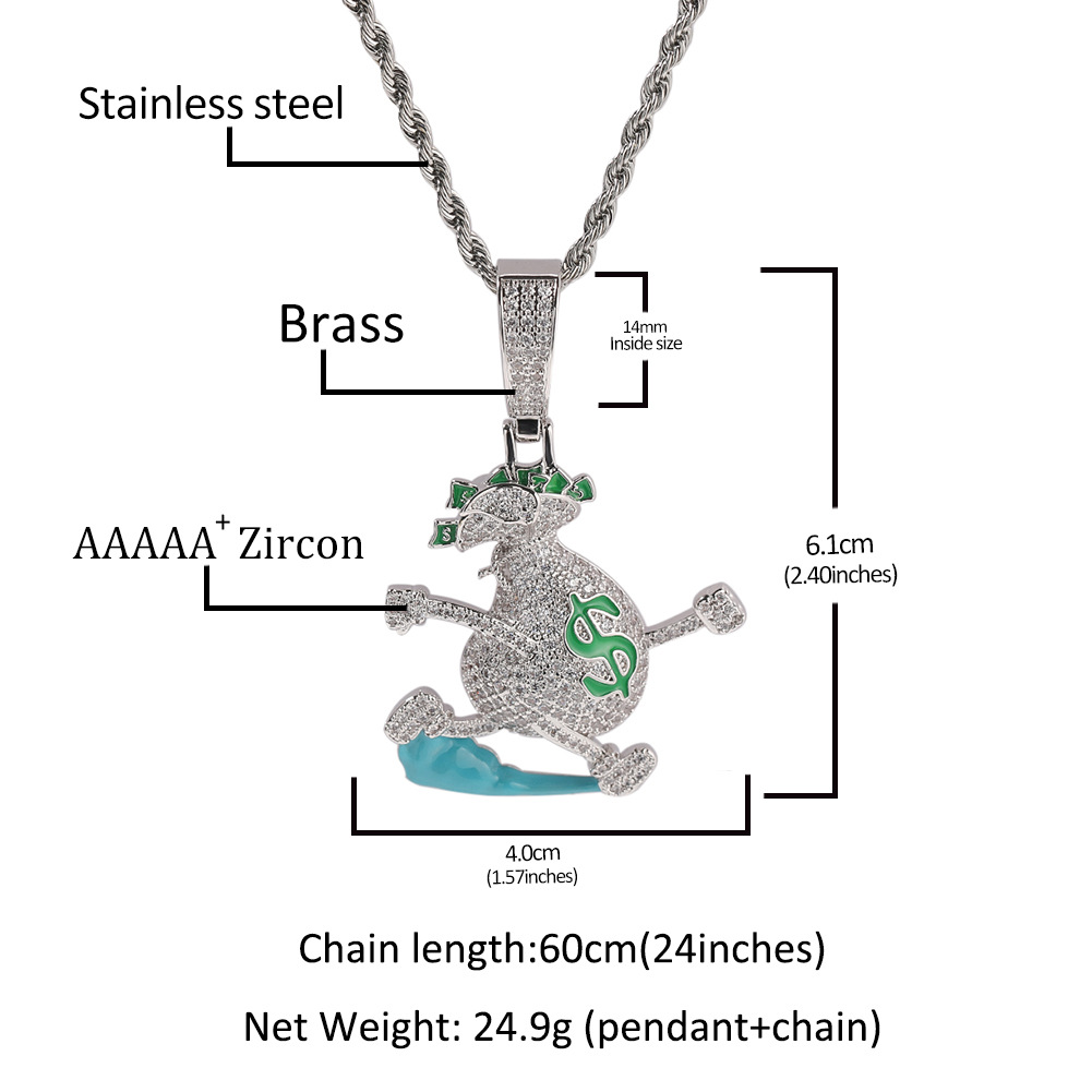 Hip Hop Running Money Bag Pendant Necklace TopBling 5A Zircon Rap Mens Jewelry