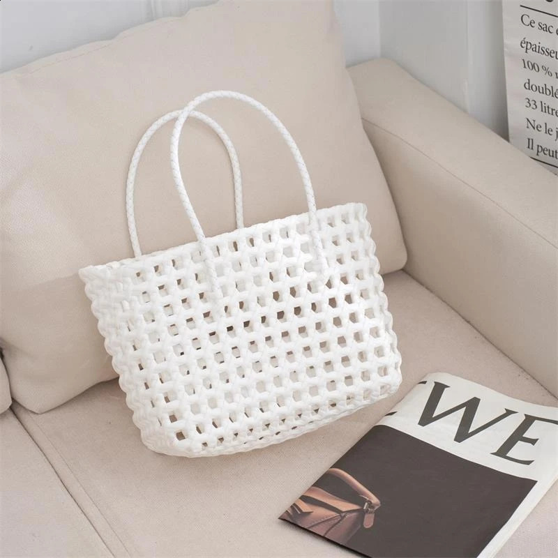 Womens Woven Hollow Out Bags Vegetable Basket Summer Fashion PVC Handbag Hand Bag Patchwork Striped Tote Beach 240730