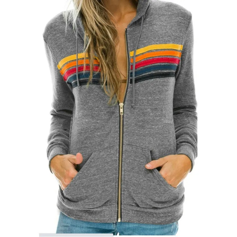 Women's Hoodies Sweatshirts Women Fashion Hoodie Oversized Rainbow Stripe Long Sleeve Sweatshirt Zipper Pocket Coat Jacket Spring Casual