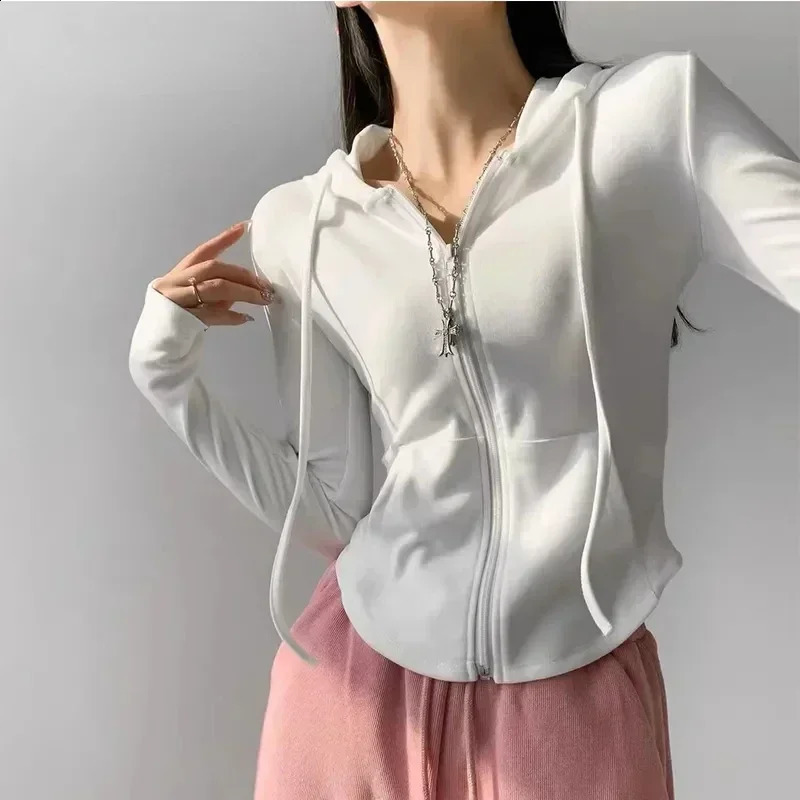 Deeptown Vintage Zip Up Cropped Hoodies Women Korean Style Streetwear Hooded Sweatshirts Kpop Solid Color Y2k Long Sleeve Tops 240816