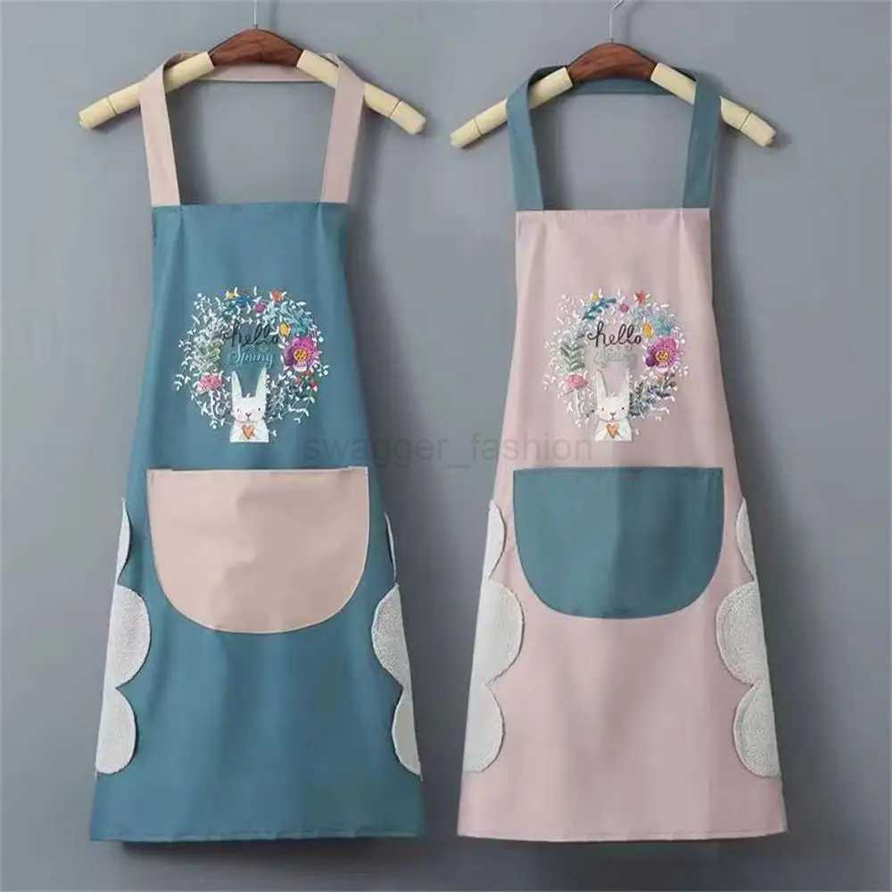 Waterproof Oil-proof Apron Womens Hand Wipe Household Kitchen Wreath Rabbit Waist WholesaleXJ240731