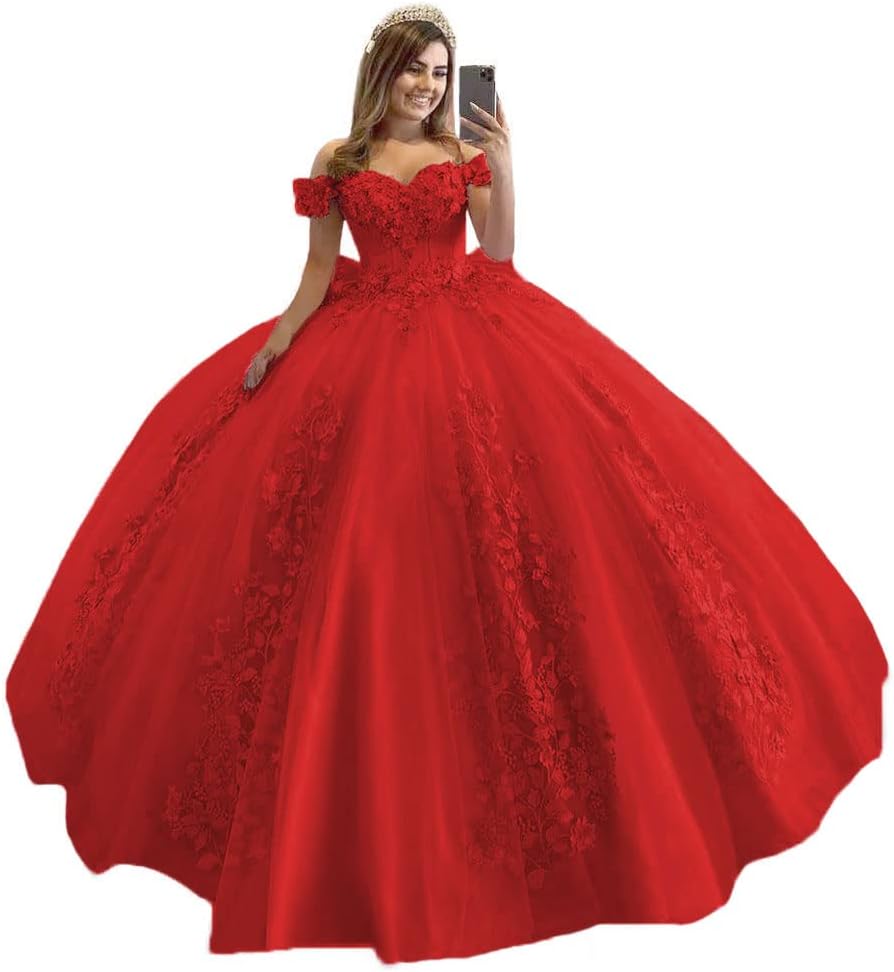 Off Shoulder Quinceanera Dresses 3D Flower Puffy Princess Sweetheart Ball Gown Lace Beaded Sweet 15 16 Debutante Party Birthday Vestidos De 15 Anos 94