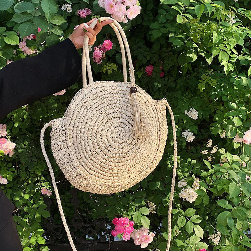 Fashion Straw Shoulder Bags for Women Round Rattan Handmade Woven Beach Bag Female Travel Large Capacity Shopper Tote Handbags 240821
