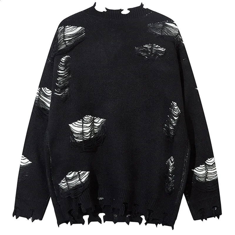 Vintage Oversized Sweater Y2K Grunge Knitted Ripped Hole Sweaters with Chain Hip Hop Punk Gothic Loose Zipper Jumpers Streetwear 240731