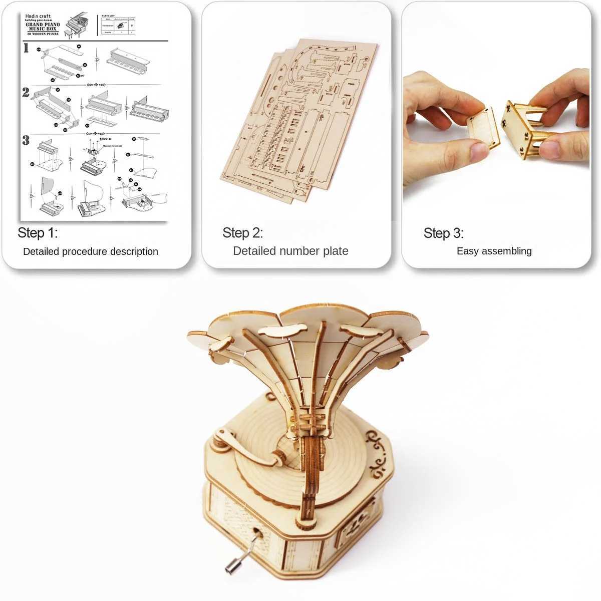 3D Wooden Gramophone Music Box Puzzles Kits for Teen Adults Construction Models Set Toys DIY Assembling Machnical Gift To BuildM240731 - view 5