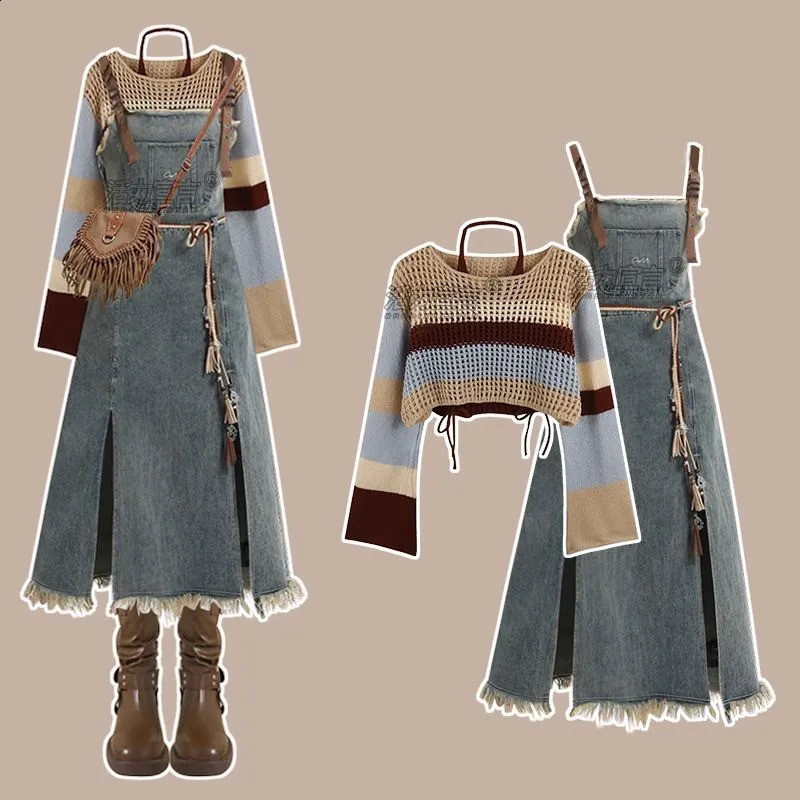 Autumn Vintage Denim Skirt Matching Set Womens Elegant Loose Hollow Knitted ShirtSexy Split Dress Two Piece Suit 240731