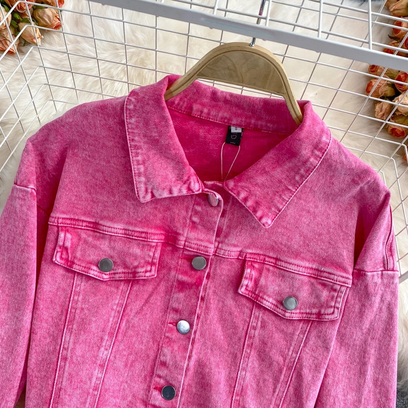 Autumn Women Pink Denim Sets Lapel Long Sleeve Short Denim Jacket High Waist Denim Skirt Korean Female Two Piece Set Streetwear 240812