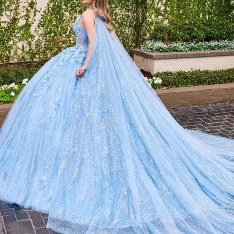 Shiny Princess Quinceanera Dress Ball Gown Lace Applique Beading Corset With Cape Sweet 16 Vestido 15 De Anos