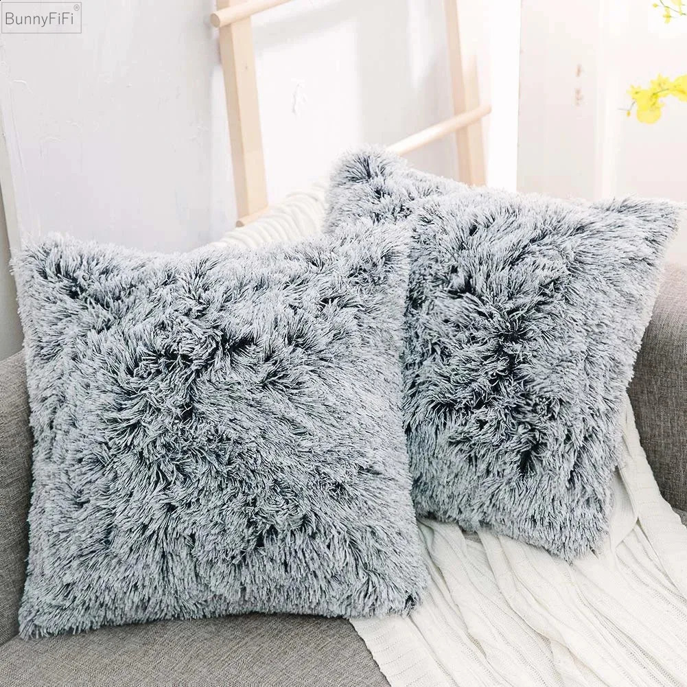 Fur Soft Cushion Cover 43x43cm Cozy Plush Decorative Pillow for Living Room Sofa Decor Pillowcase White Grey Case 240731