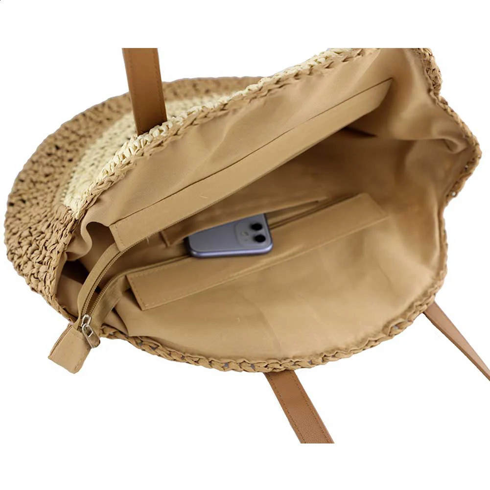 Summer straw bag womens round shoulder travel handmade beach handbag large capacity shopping 240830