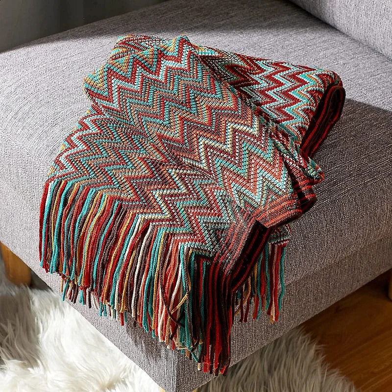 Boho Throw Blanket Rust Red Throw Blankets for Couch Bed Sofa Knitted Tassel Blanket Throw Lightweight Mexcian Afgan Blanket 240731