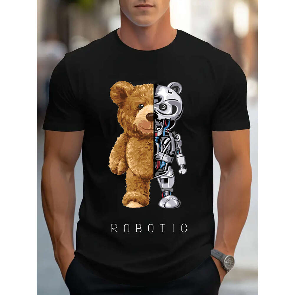 Shirts for Men T-Shirt Teddy Bear Robot graphic tee t Shirt Round Neck Fashion Man Tee Tops Cotton Summer Tshirt