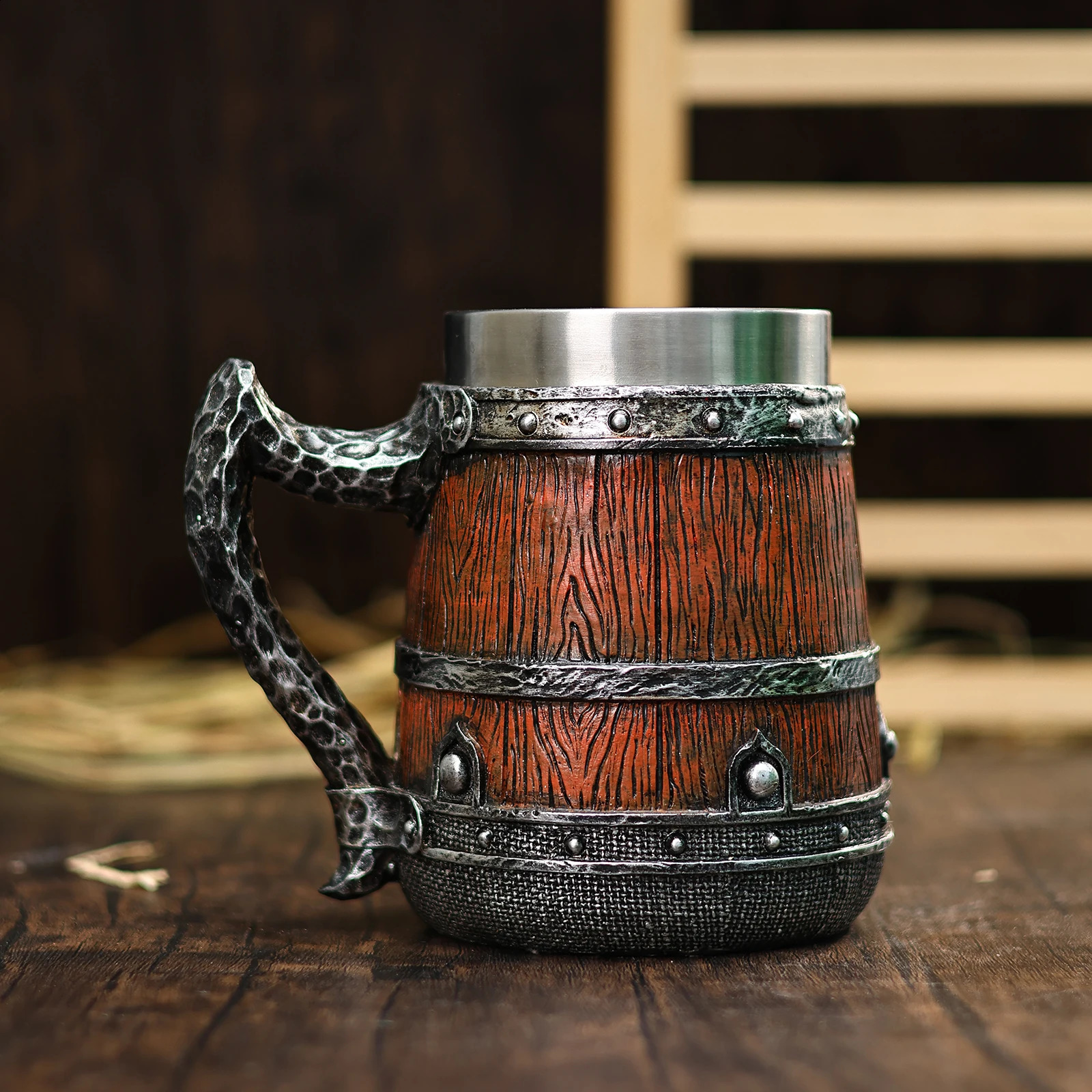 Medieval Stainless Steel Tankard Resin Retro Viking Beer Wooden Decoration Mug for Holiday Theme Party Friends Gift 240730