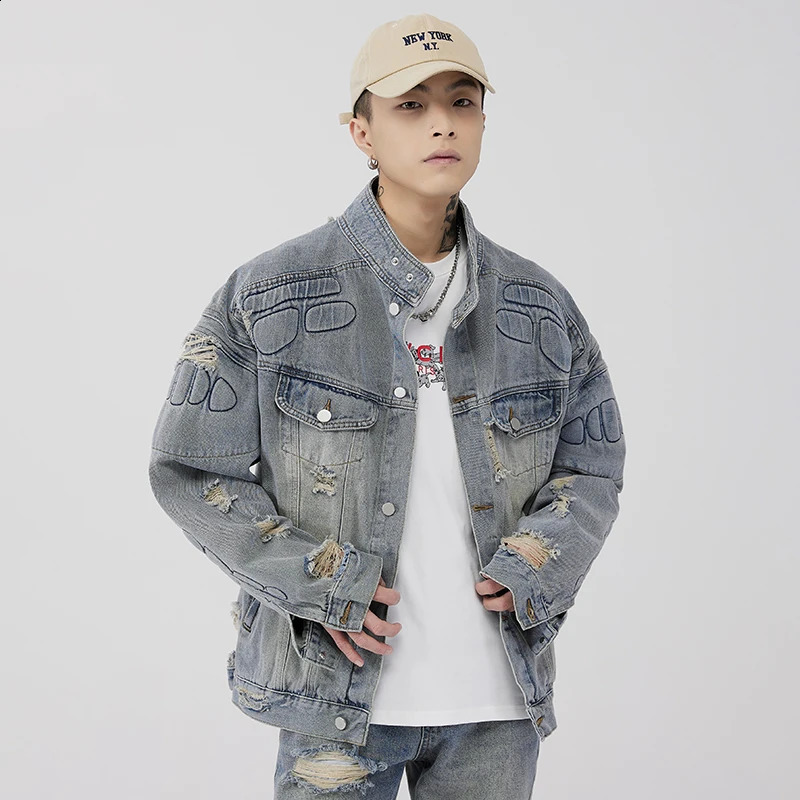 washed distressed denim jacket for men fashion trend label loose oversized American retro workwear casual hip-hop denim top 240816
