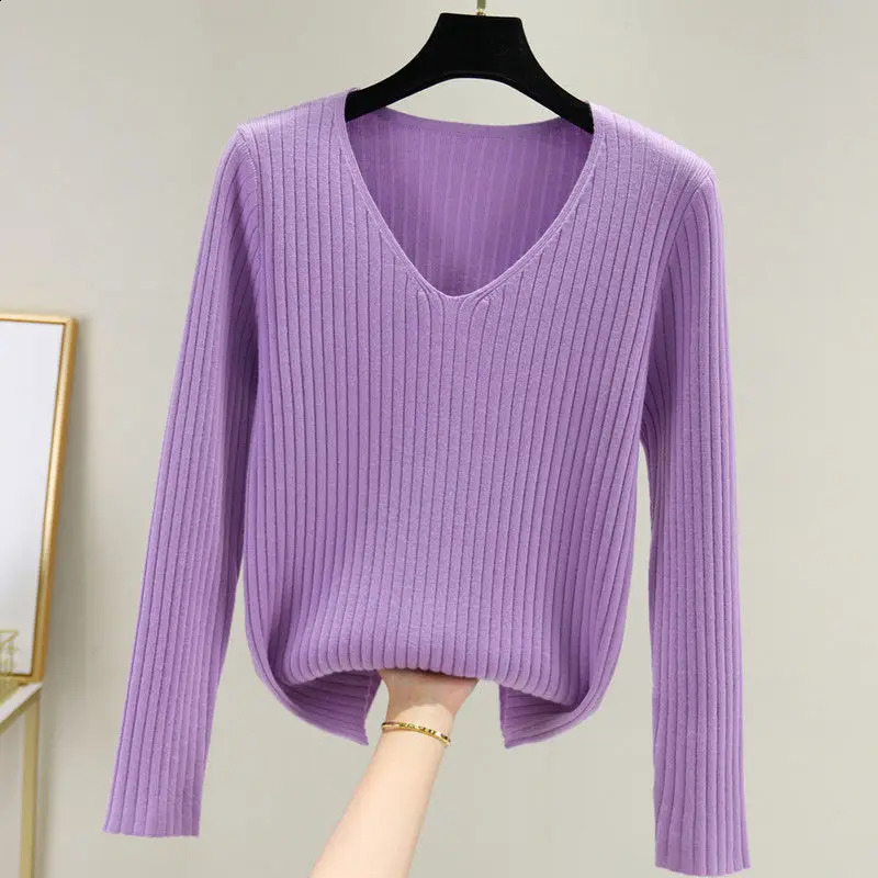 Korean Fashion Women Solid Slim Vneck Sweater Spring Autumn Versatile Bottoming Casual Long Sleeve Basic Knitted Pullovers Tops 240730