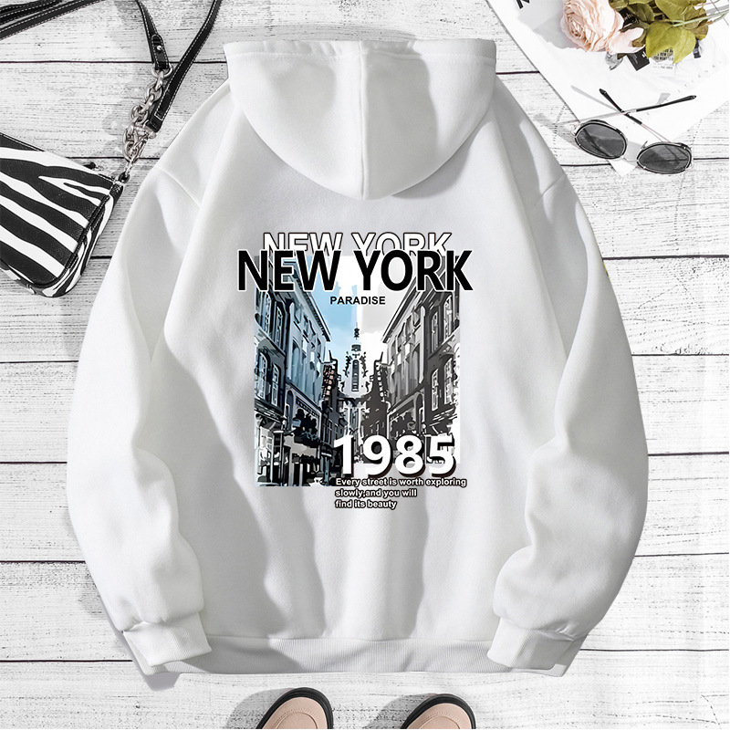 New York City Printed Hoodie for Autumn Winter, with Back Collar and Velvet, Women's Top F7.31#25