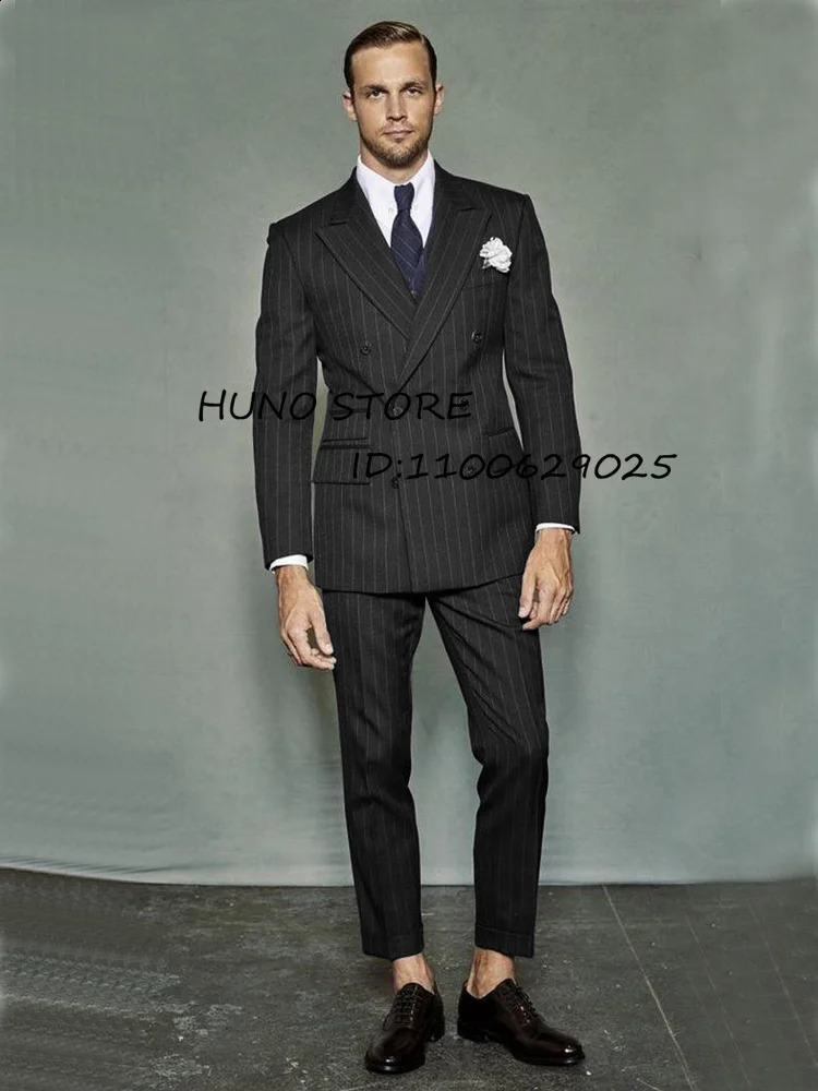 Mens striped twopiece set double breasted wedding groom slim tailed custom tailcoat mens stage 240730