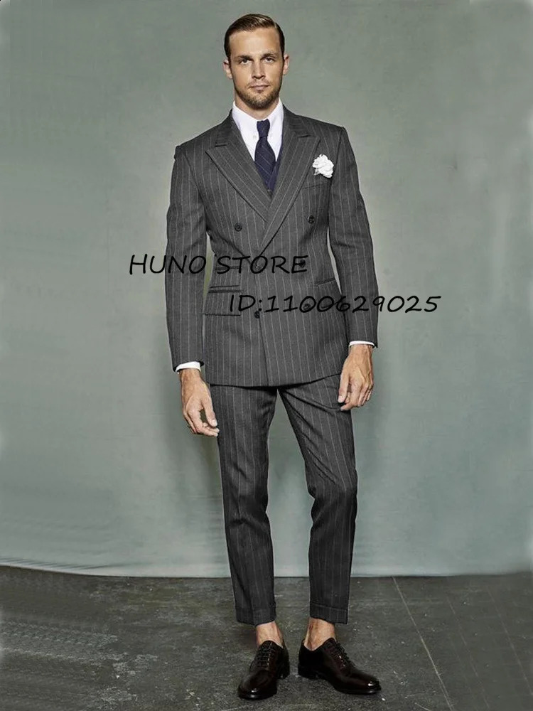 Mens striped twopiece set double breasted wedding groom slim tailed custom tailcoat mens stage 240730
