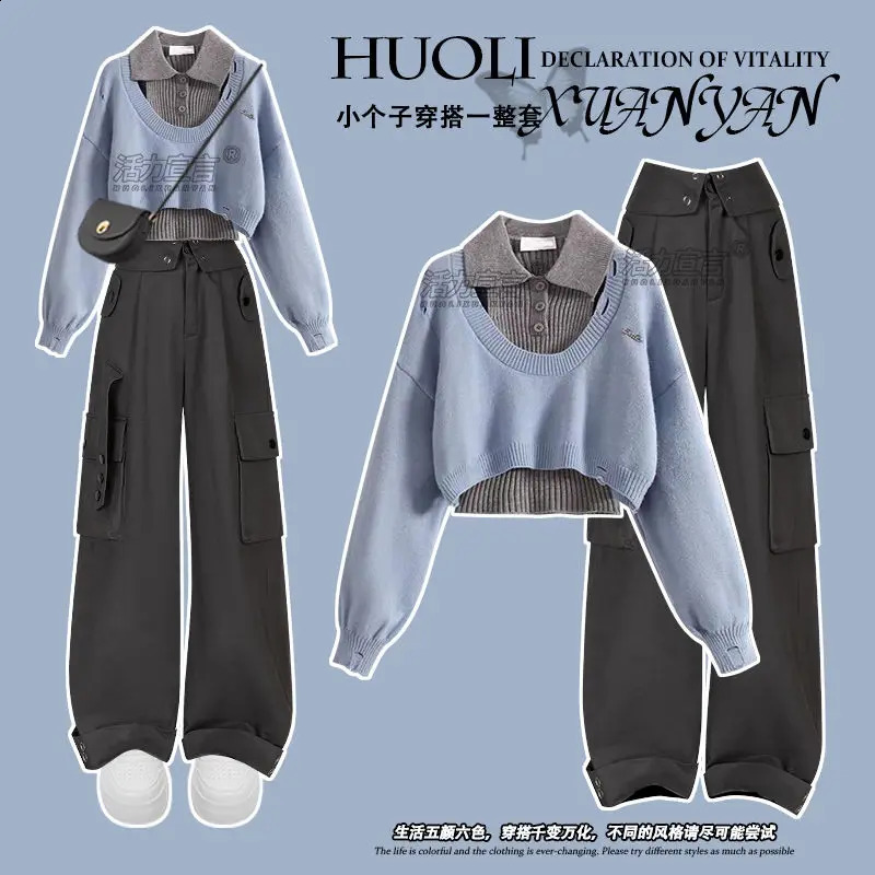 Autumn and Winter Set Womens Korean Knitted Sweater Womens Polo Neck Tank Top Versatile Workwear Three Piece Set 240731