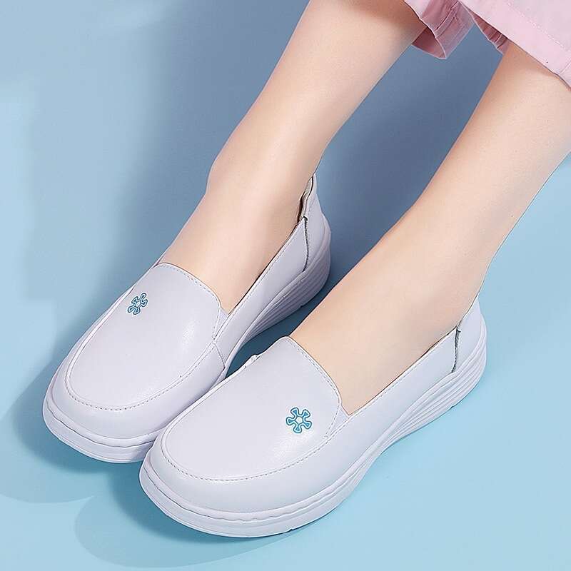 S Leather Ddmysports Nurse Hospital Work Women White Shoes Anti Slip And Breathable Thick Leather Soft Soled Flat Outdoor Shoes hoes lip oft oled hoes