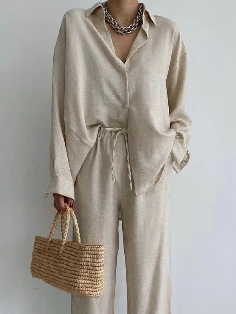 Summer Fashion Matching Collection Womens Loose Single Breasted Top High Waist Wide Leg Pants Cotton Linen Two Piece Set 240731
