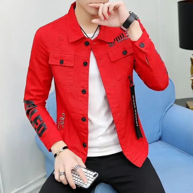 Denim Jackets Man Casual Slim Short Punk Red Jeans Coat for Men Rock in Lowest Price Low Cost Y2k Korean Clothes G 240816