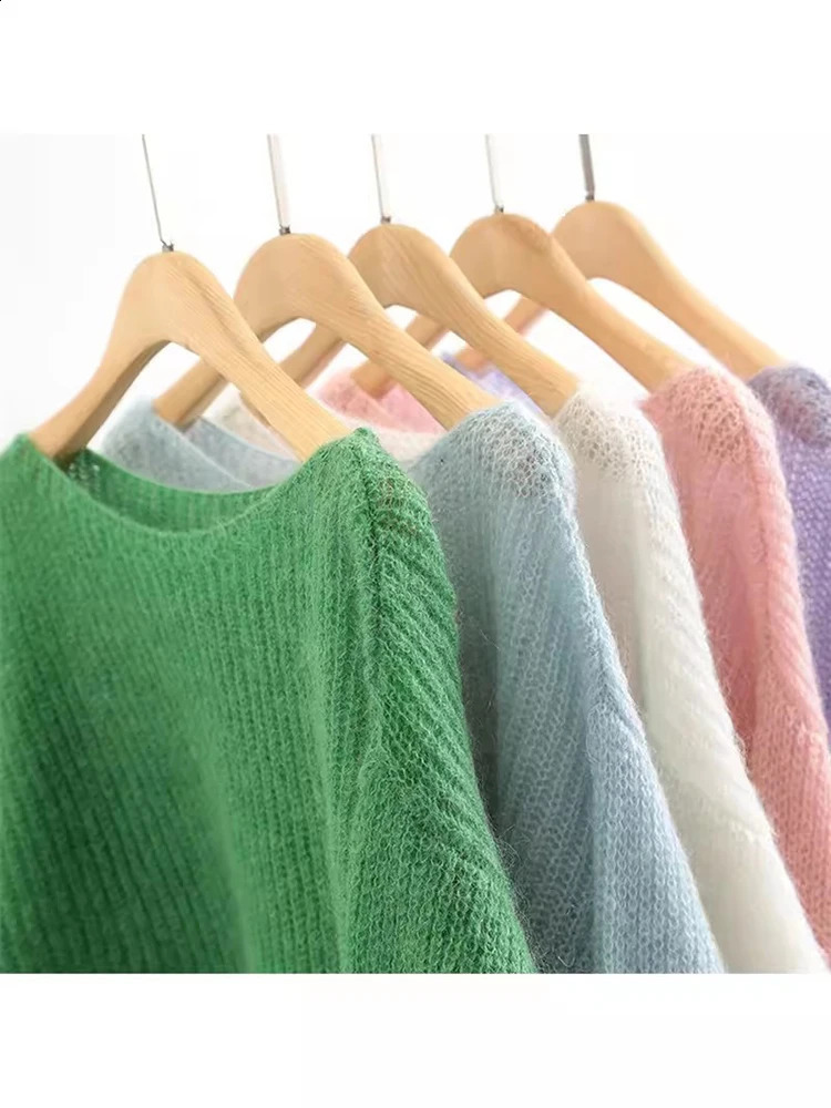 Elegant Seethrough Women Sweater Pullover Loose Jumper Autumn Winter Soft Warm Knitwear Basic Solid Cashmere Tops 240730