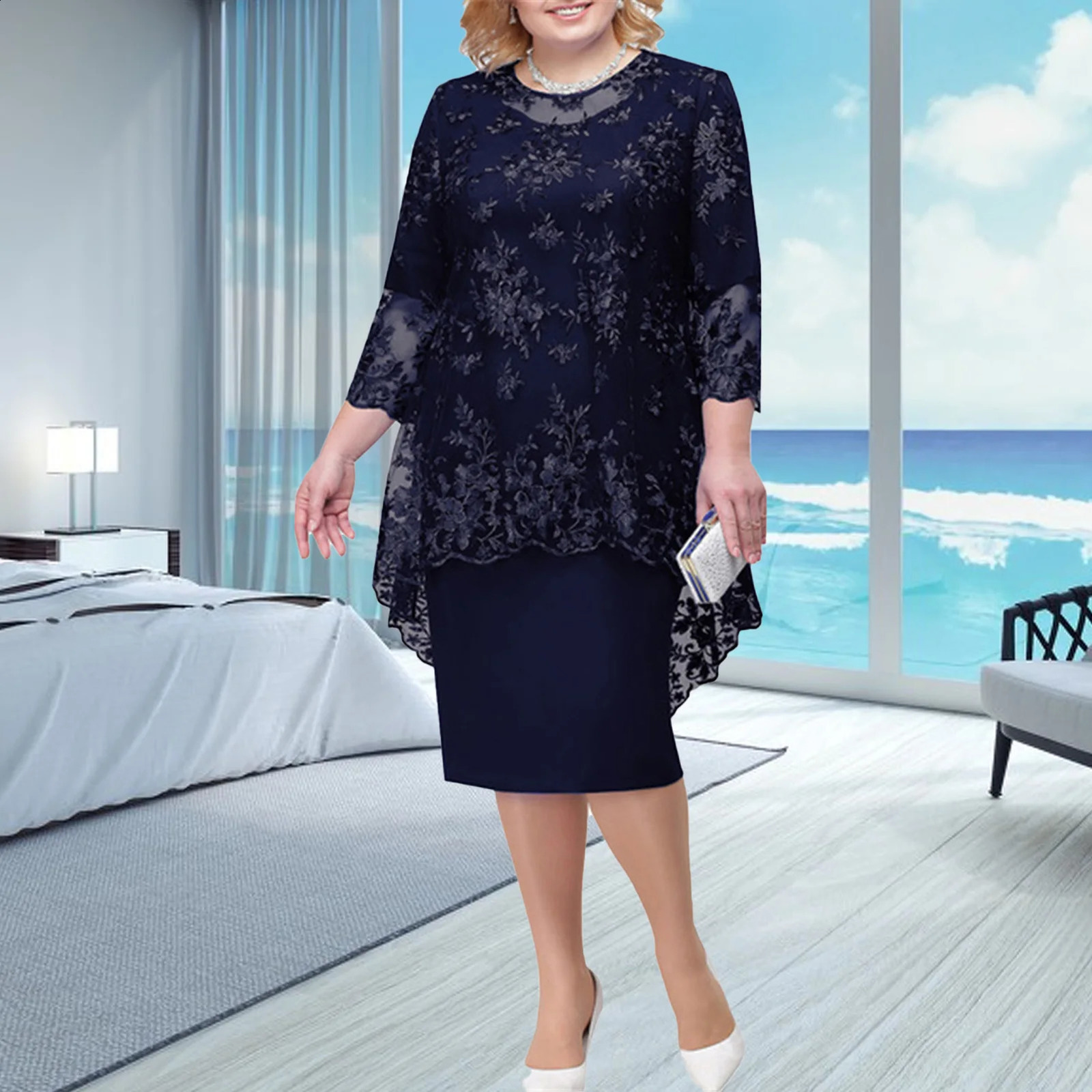 Party Dress Chic Slim Fit Flower Pattern Bodycon Dress Autumn Winter Party Dress Solid Color Plus Size Bodycon Dress for Wedding 240730