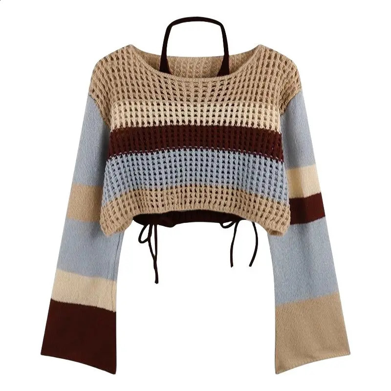 Autumn Vintage Denim Skirt Matching Set Womens Elegant Loose Hollow Knitted ShirtSexy Split Dress Two Piece Suit 240731