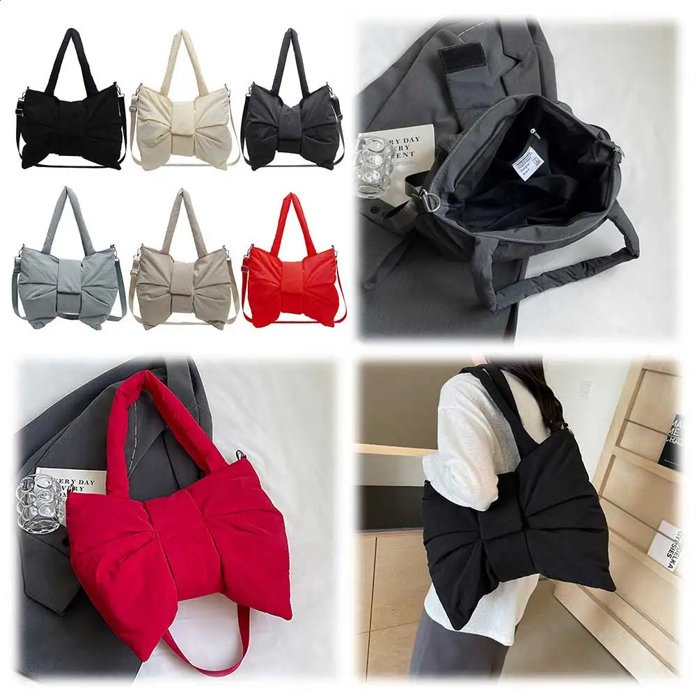 Women Bowknot Shaped Shoulder Bag Adjustable Strap Nylon Handbag Solid Color Large Capacity Satchel Purse for Travel Shopping 240731