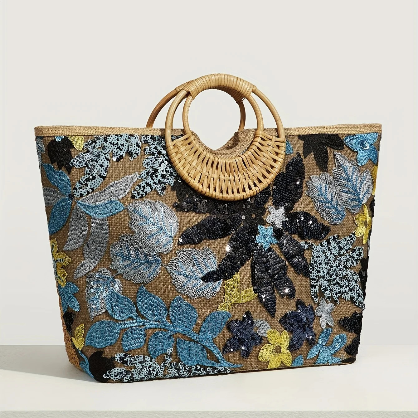 Womens Tote Bag Bead Flower Round Hand Weave Capacity Large Beach 240730