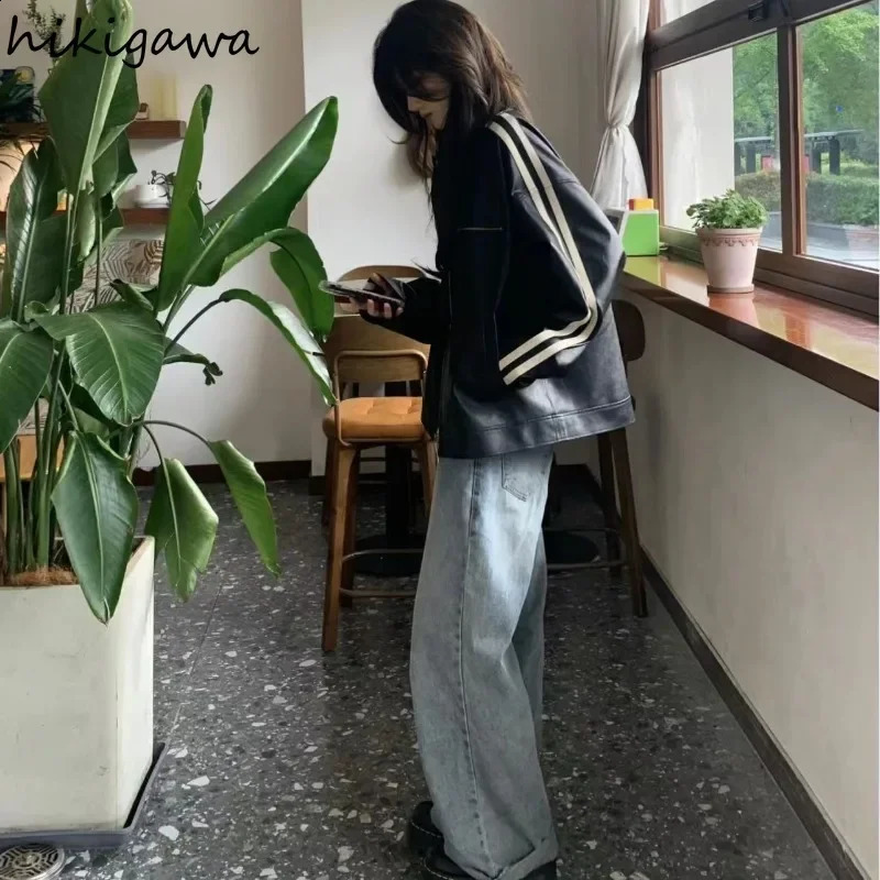 Streetwear Leather PU Jackets Vintage Chic Oversized Tops O-neck Long Sleeve Zipper Y2k Tops Casual Harajuku Black Coat 27t660 240723