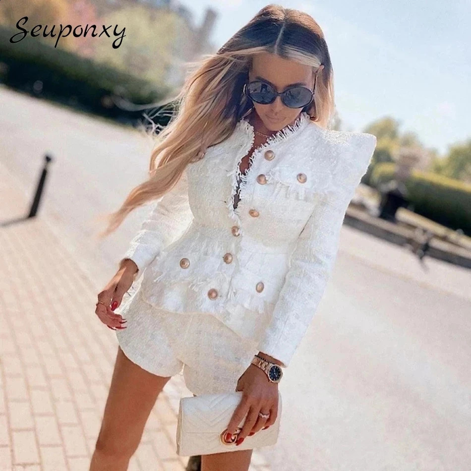 High quality spring coarse woolen 2piece set sexy Oneck long sleeved single chest jacket and pants club party 240730