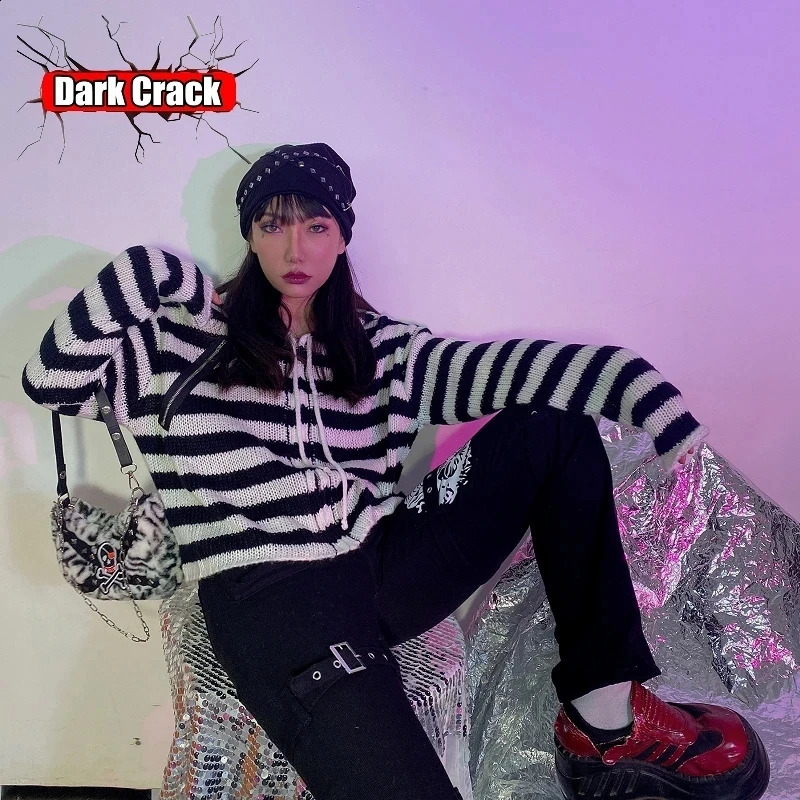 Multicolor striped knitted cardigan woman versatile gothic punk Harajuku y2k Spicy Girls subcultural millennium sweater 240731