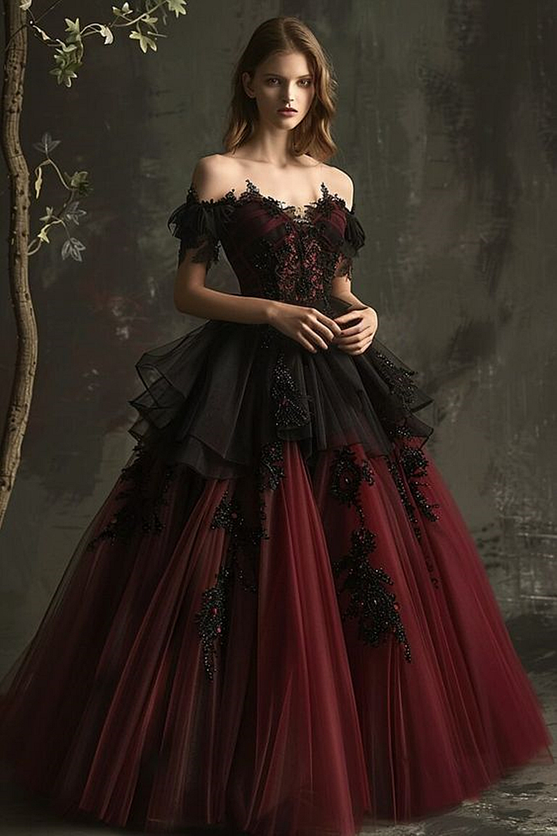 Burgundy And Black Gothic Wedding Dresses With Off Shoulder Short Sleeves Beaded Appliques Tiered A-Line Vintage Wedding Gown For Bride Women 2024