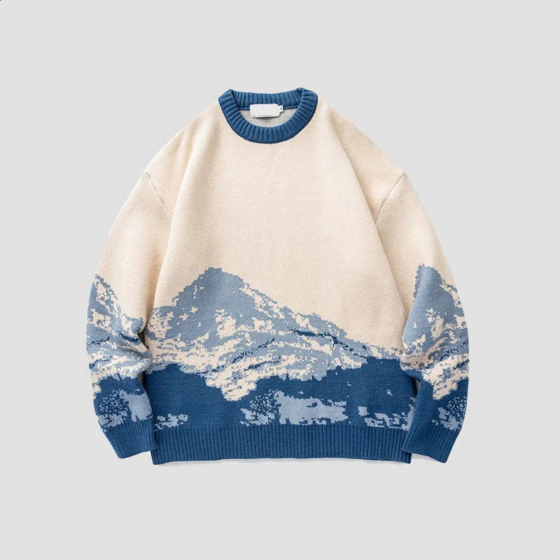 Men Hip Hop Pullovers Streetwear Harajuku Sweater Vintage Snow Mountain Knitted Sweater Winter Casual Pullover Knitwear Size XXL 240731