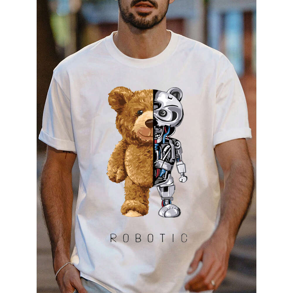 Shirts for Men T-Shirt Teddy Bear Robot graphic tee t Shirt Round Neck Fashion Man Tee Tops Cotton Summer Tshirt