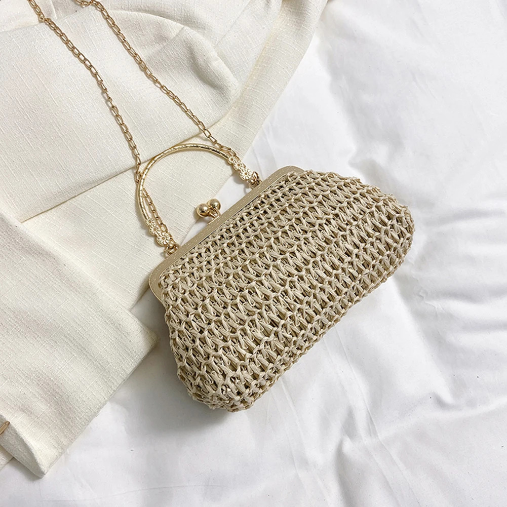 Grass Woven Bag Summer Female Chain Clutch Bag Simple Texture Dinner Party Handmade Casual Elegant Fashion Portable Evening Bag 240813
