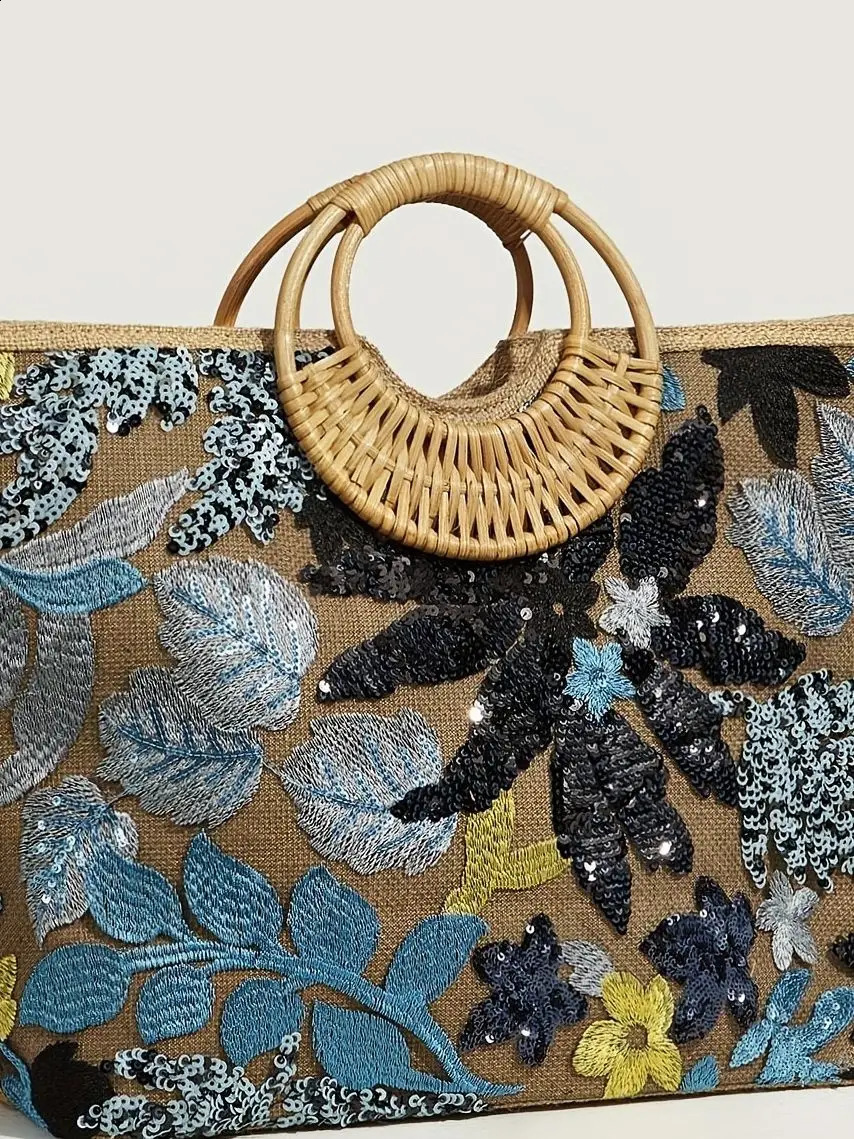 Womens Tote Bag Bead Flower Round Hand Weave Capacity Large Beach 240730