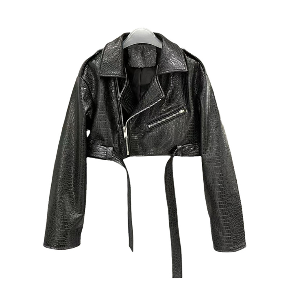 HK246130 Customized Leather Clothes Luxury Fashion Crocodile patterned cowhide Women European Locomotive Punk Spring and Autumn Short Style