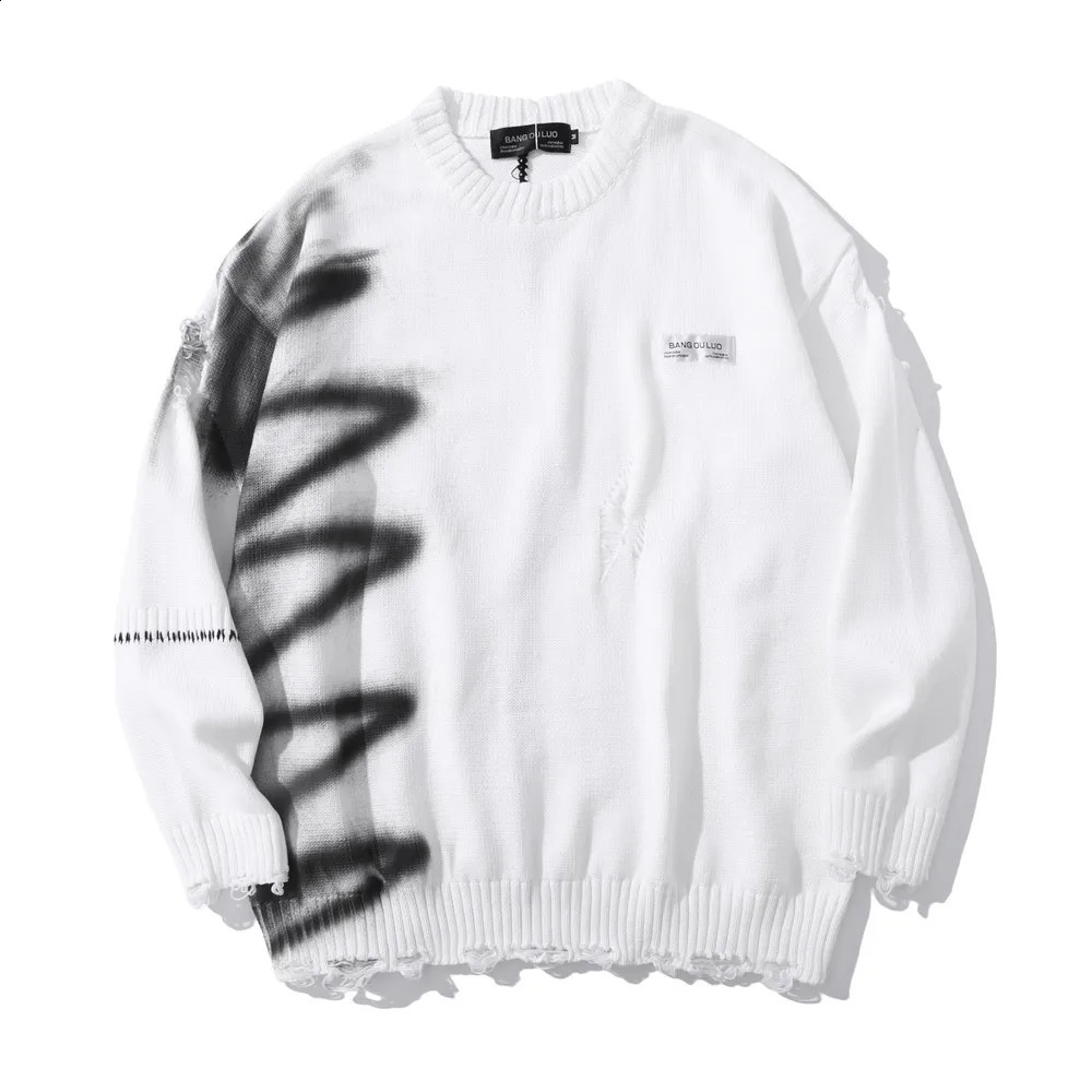 Arrival Graffiti Print Hole Ripped Gray Punk Men Knitted Sweater Hip Hop Knitwear Cotton Loose Retro Pullovers Sueter 240821