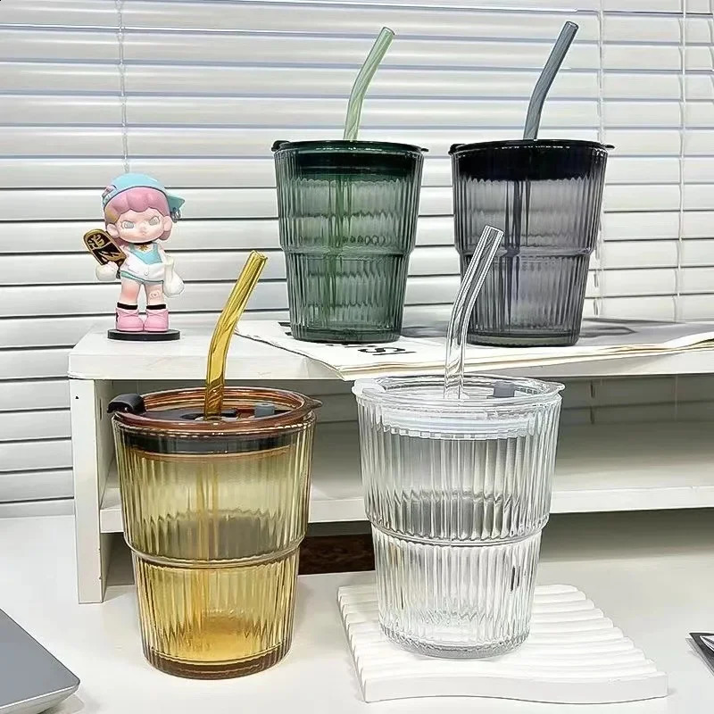 Vertical Stripes Ins Coffee Glass Lid Straw Water Cup Good-looking Ice American Latte Milk Cup Mugs Iced Coffee Cups 240730