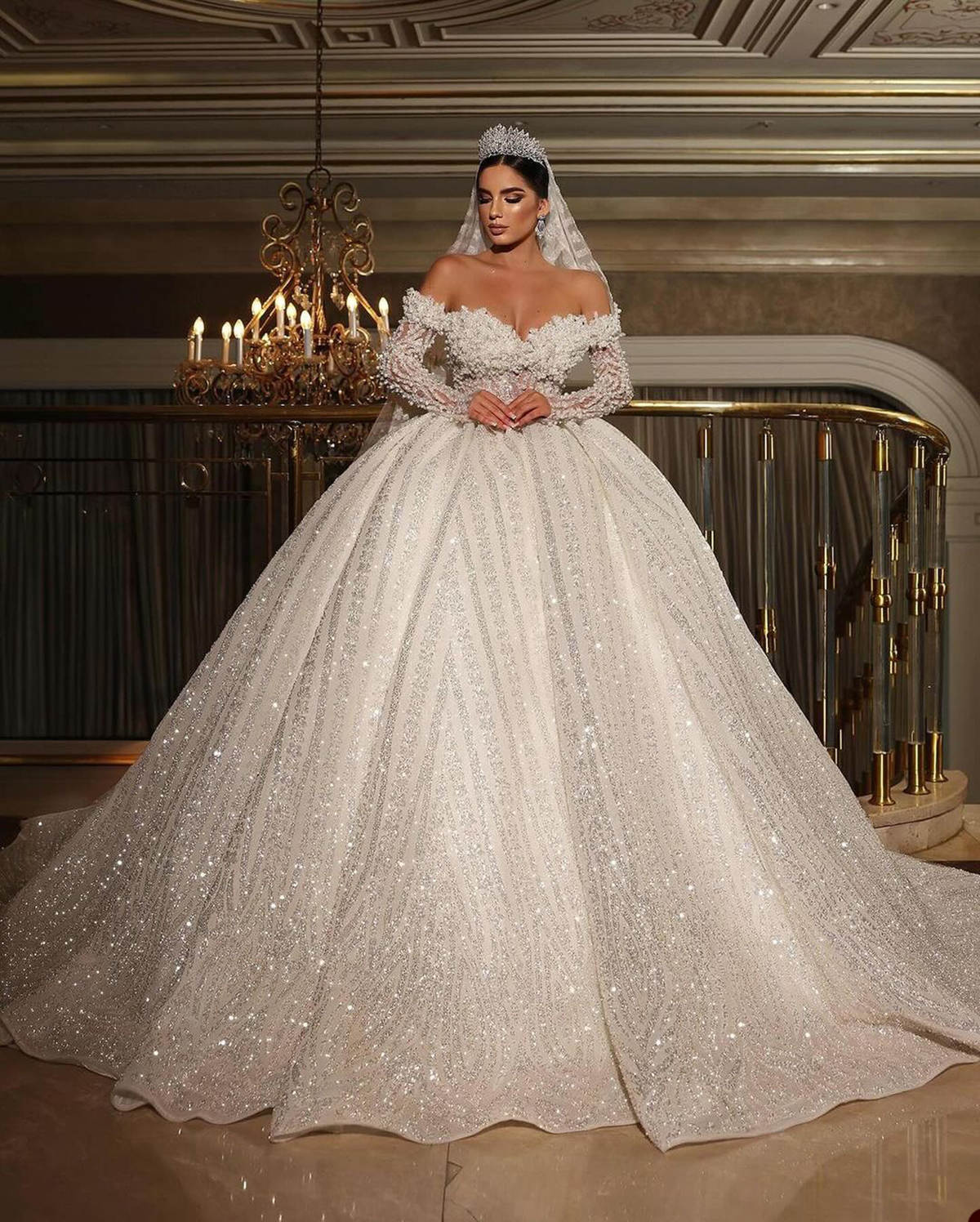 Gorgeous Ball Wedding Dress Off Shoulder Long Sleeves Bridal Gown Sequins Pearls Sweep Train Dresses Custom Made vestidos de novia